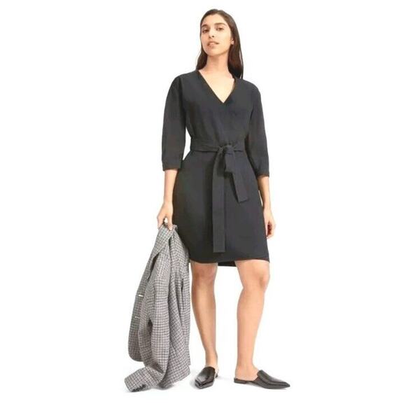 EVERLANE 4 Dress Japanese GoWeave Ribbed Black Wrap 3/4 Sleeve Pocket Minimalist - Picture 1 of 9